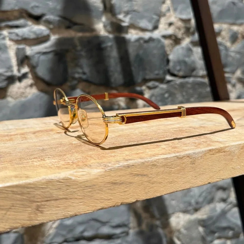 Must de Cartier Vintage Giverny Gold Plated Round Bubinga Wood Sunglasses - Picture 5 of 16